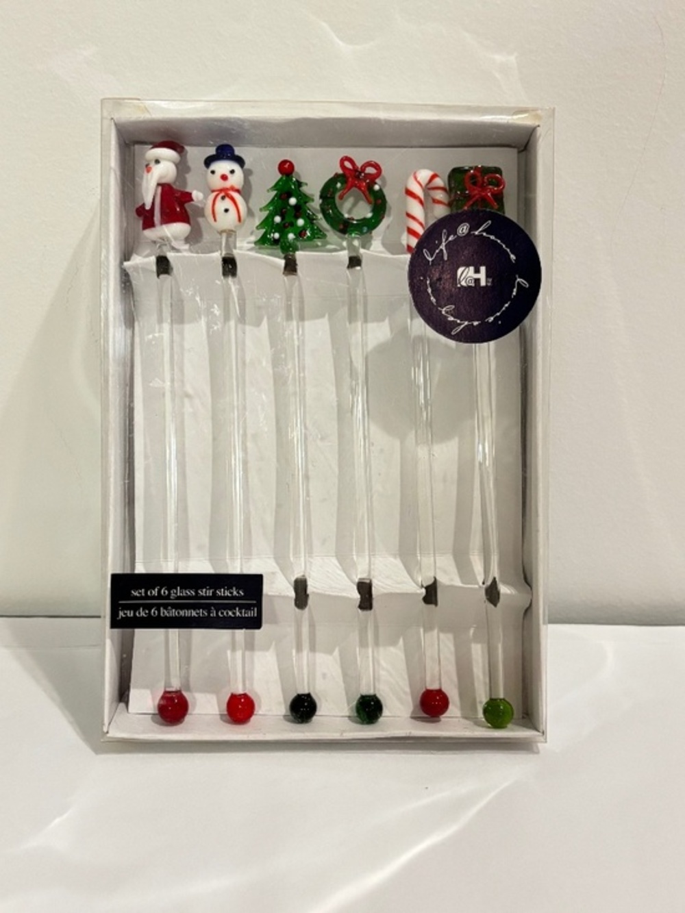 LIFE AT HOME set of SIX glass stir sticks Christmas themed Santa snowman wreath